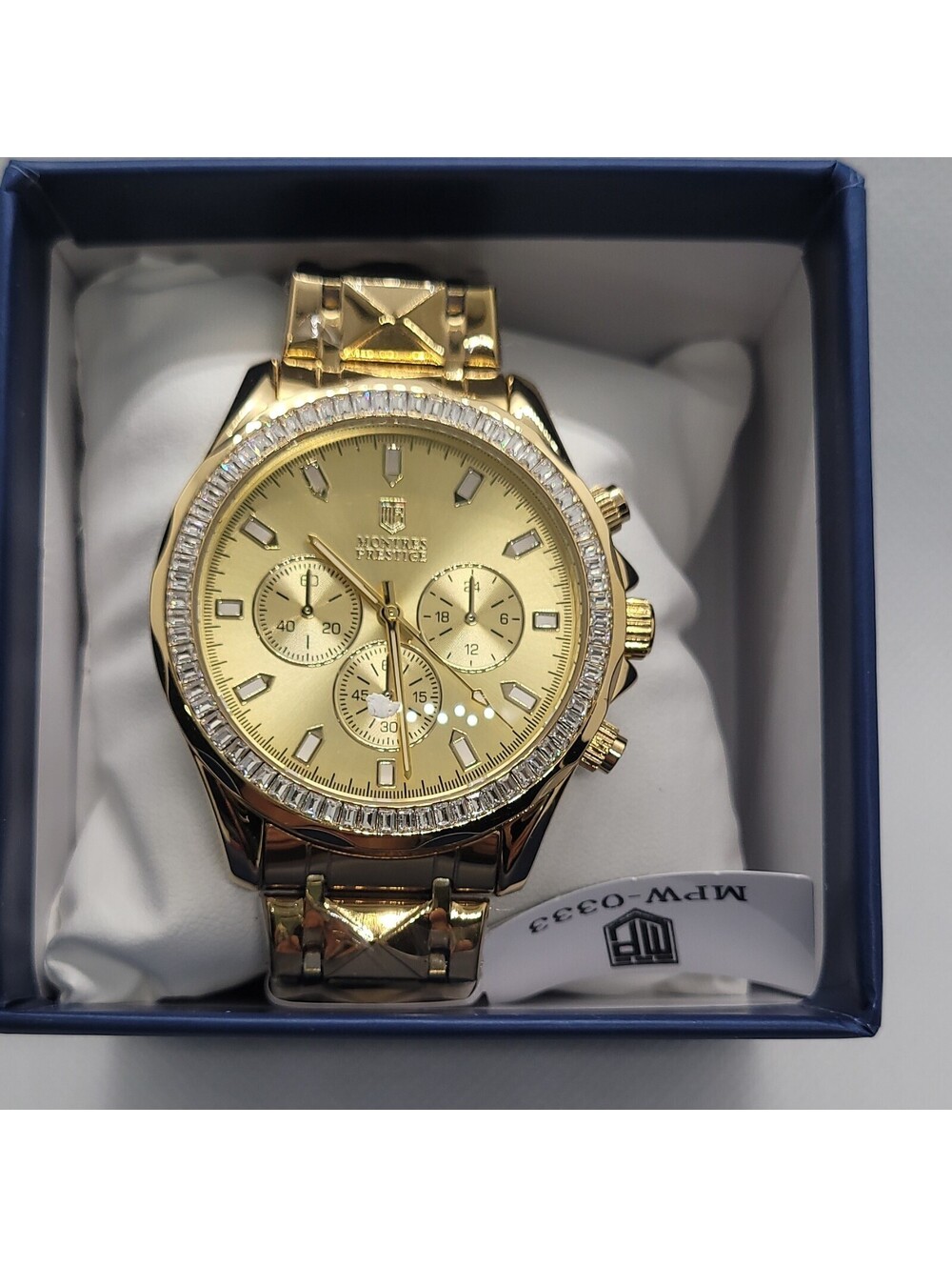 91 Montres Prestige Men's Gold Chronograph Analog Metal Bracelet Watch in Box